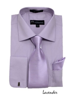 Milano Moda Mens Solid Classic Dress Shirt with Tie, Hankie & French Cuffs SG27