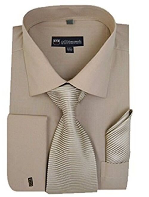 Milano Moda Mens Solid Classic Dress Shirt with Tie, Hankie & French Cuffs SG27