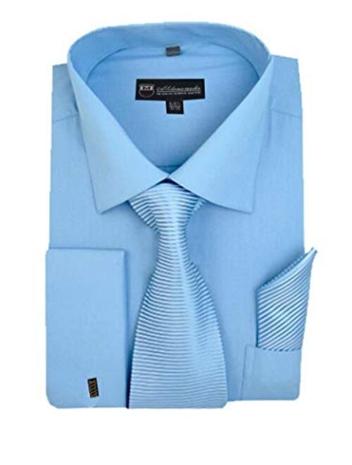 Milano Moda Mens Solid Classic Dress Shirt with Tie, Hankie & French Cuffs SG27