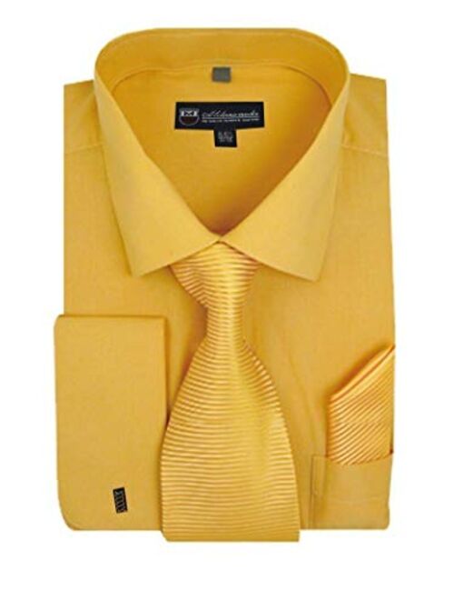 Milano Moda Mens Solid Classic Dress Shirt with Tie, Hankie & French Cuffs SG27