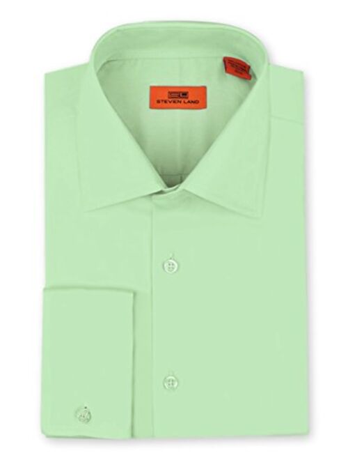 Steven Land Men's Signature Solid Poplin Dress Shirt, Long Sleeve, 100% Cotton French Cuff, Available Big and Tall