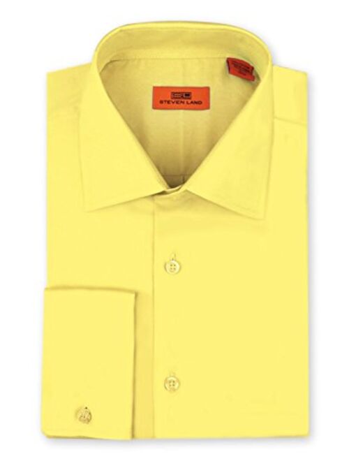 Steven Land Men's Signature Solid Poplin Dress Shirt, Long Sleeve, 100% Cotton French Cuff, Available Big and Tall