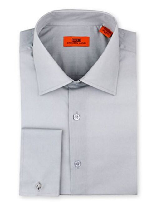 Steven Land Men's Signature Solid Poplin Dress Shirt, Long Sleeve, 100% Cotton French Cuff, Available Big and Tall