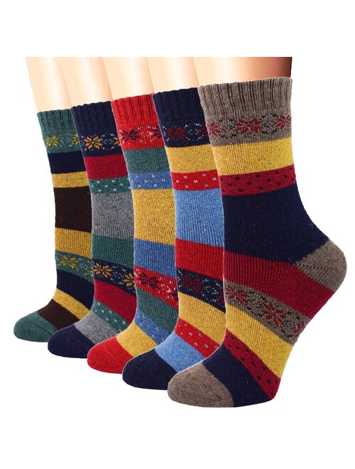 5Pack Womens Vintage Winter Soft Warm Thick Cold Knit Wool Crew Socks, Multicolor, free size