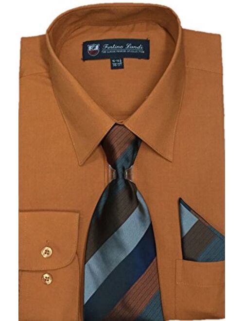 Fortino Landi Men's Long Sleeve Dress Shirt, with Tie and Hanky - Many Colors