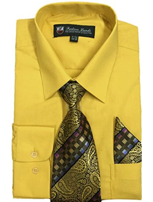 Fortino Landi Men's Long Sleeve Dress Shirt, with Tie and Hanky - Many Colors