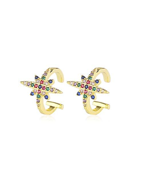 Plated in 18K Gold Cuff Earrings for Women - X,Star,Hoop Conch Ear Cuff Earrings Multicolor CZ Pave Design for Ladies,Girls - Sparkle Non Pierced Rainbow Rhinestone Clip 