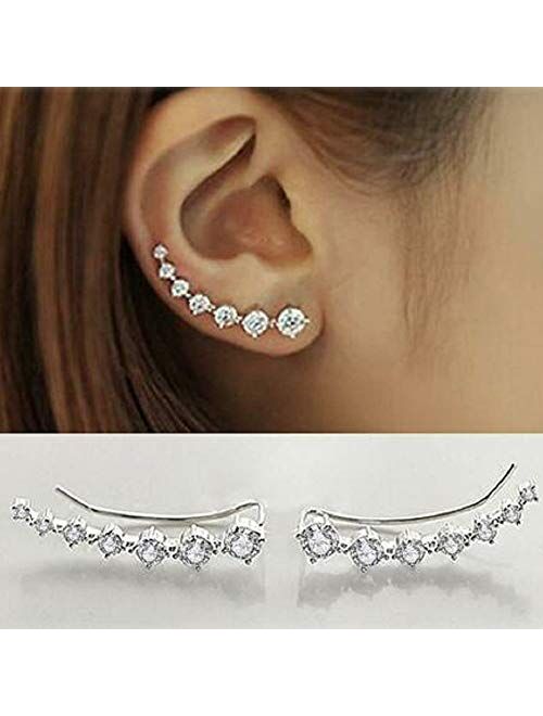 7 Crystals Ear Cuffs Hoop Climber S925 Sterling Silver Earrings for Women Girls Favors