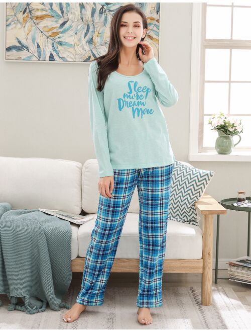 Women's Two Piece Sleepwear Set Knit Top with Flannel Pants RHW2864