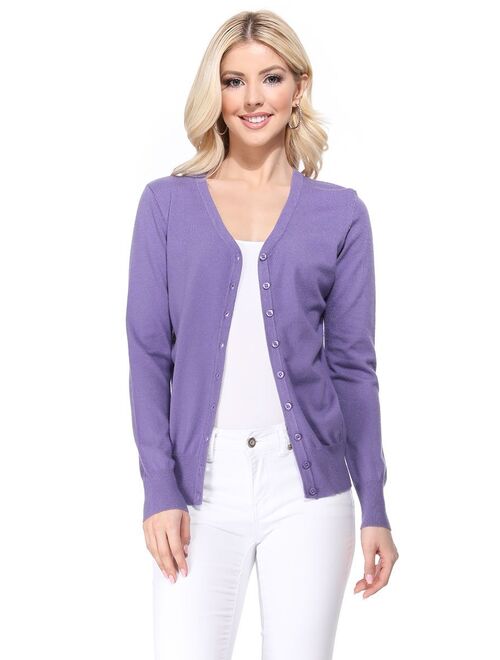 YEMAK Women's Long Sleeve V-Neck Button Down Soft Knit Cardigan Sweater MK5178-Lilac-M