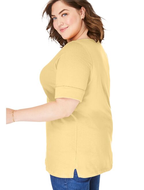 Woman Within Women's Plus Size Perfect Cuffed Elbow-Sleeve Boat-Neck Tee Shirt