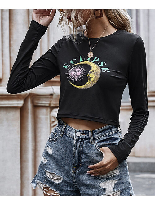 Chateau Amour | Black 'Eclipse' Celestial Long-Sleeve Crop Top - Women