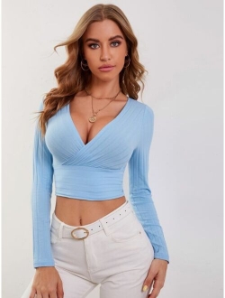 Surplice Neck Rib-knit Crop Tee