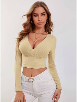 Surplice Neck Rib-knit Crop Tee