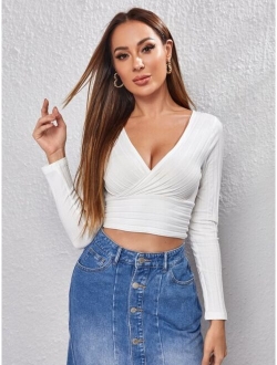 Surplice Neck Rib-knit Crop Tee