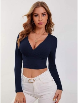 Surplice Neck Rib-knit Crop Tee