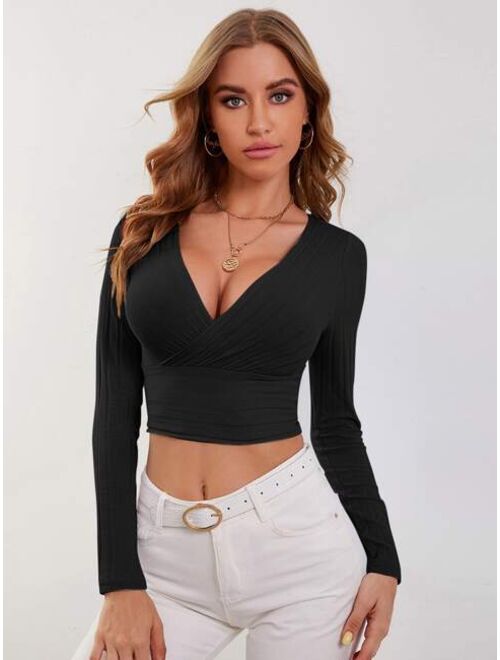 Shein Surplice Neck Rib-knit Crop Tee