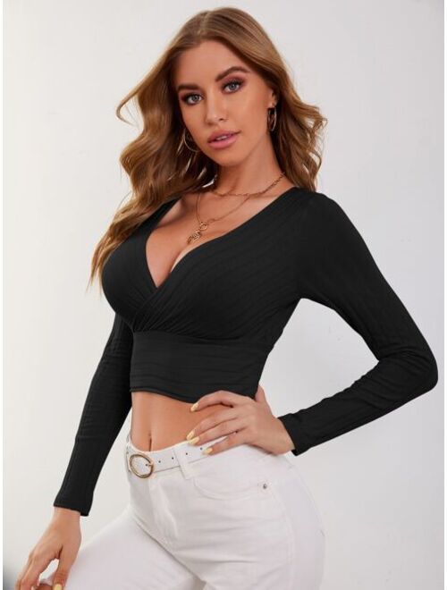 Shein Surplice Neck Rib-knit Crop Tee