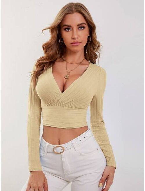 Shein Surplice Neck Rib-knit Crop Tee