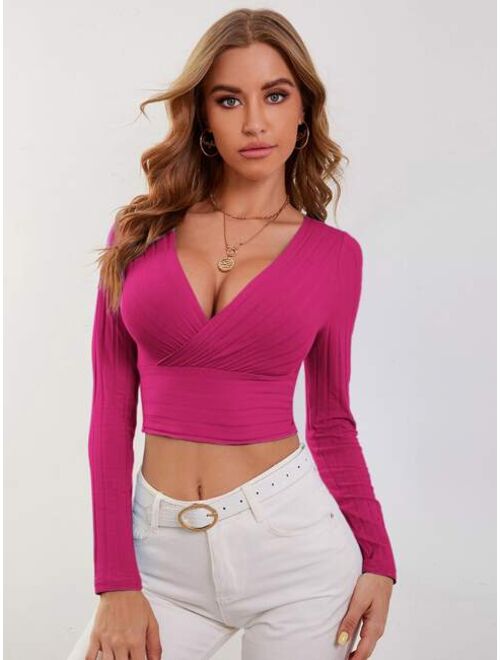 Shein Surplice Neck Rib-knit Crop Tee