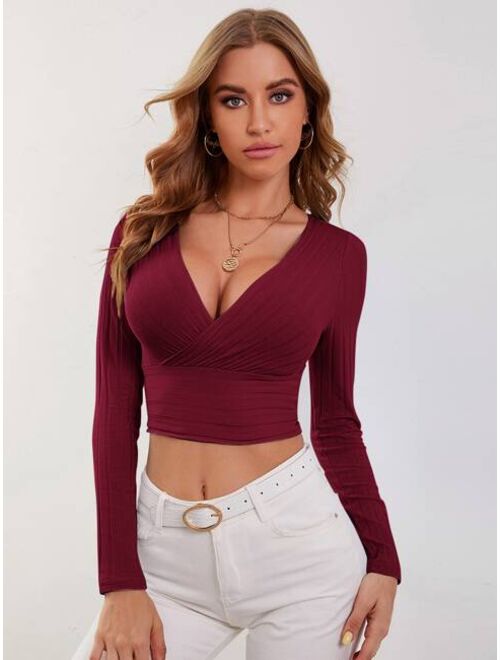 Shein Surplice Neck Rib-knit Crop Tee