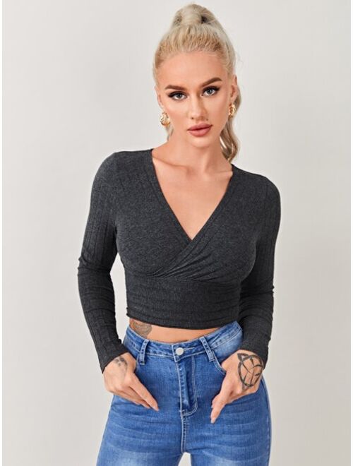 Shein Surplice Neck Rib-knit Crop Tee