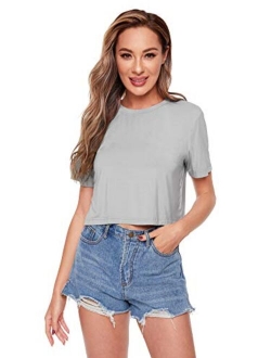 Women's Basic Plain Round Neck Short Sleeve Crop T-Shirt Top