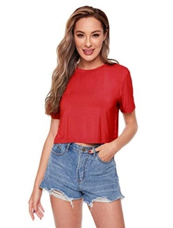 Women's Basic Plain Round Neck Short Sleeve Crop T-Shirt Top