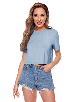 Women's Basic Plain Round Neck Short Sleeve Crop T-Shirt Top