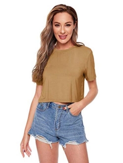 Women's Basic Plain Round Neck Short Sleeve Crop T-Shirt Top