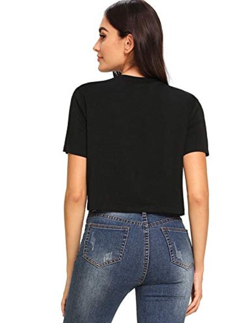 SheIn Women's Basic Plain Round Neck Short Sleeve Crop T-Shirt Top