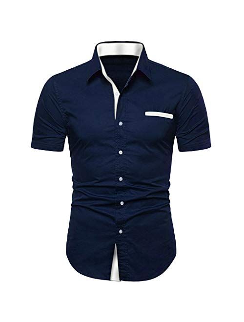 Buy NeedBo Mens Short Sleeve Dress Shirts Slim-Fit Inner Contrast ...