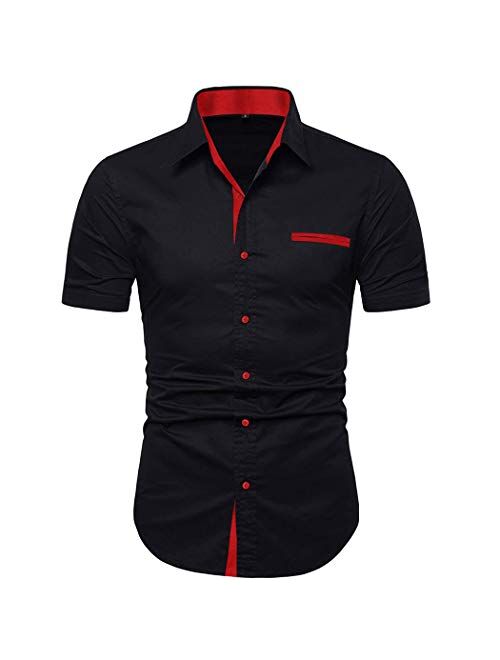 NeedBo Mens Short Sleeve Dress Shirts Slim-Fit Inner Contrast Casual Button Down Shirts