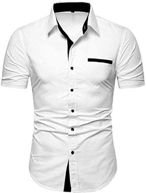 NeedBo Mens Short Sleeve Dress Shirts Slim-Fit Inner Contrast Casual Button Down Shirts