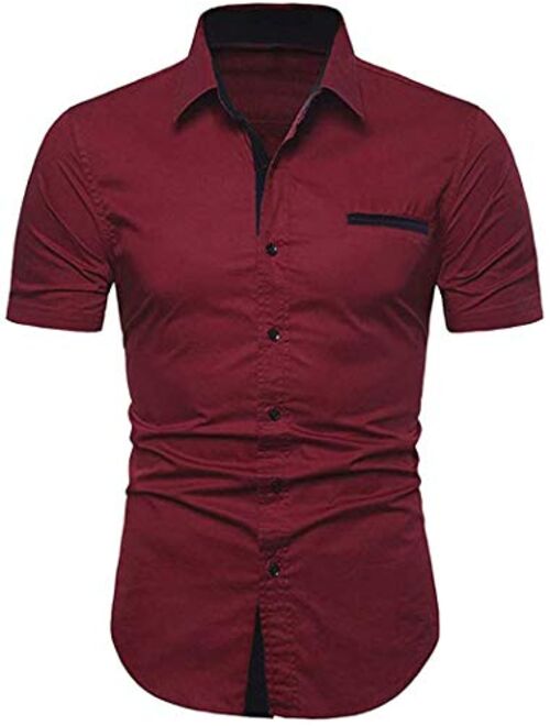 NeedBo Mens Short Sleeve Dress Shirts Slim-Fit Inner Contrast Casual Button Down Shirts