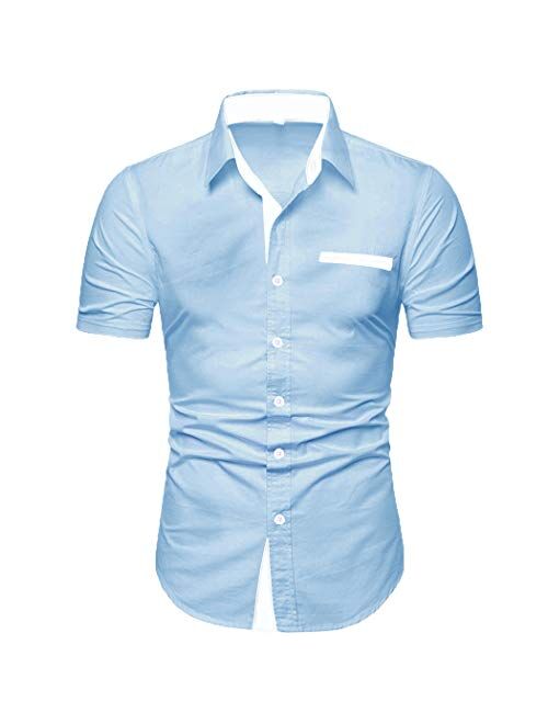 NeedBo Mens Short Sleeve Dress Shirts Slim-Fit Inner Contrast Casual Button Down Shirts