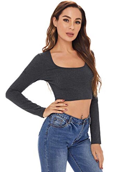 Verdusa Women's Scoop Neck Long Sleeve Crop Tee Top