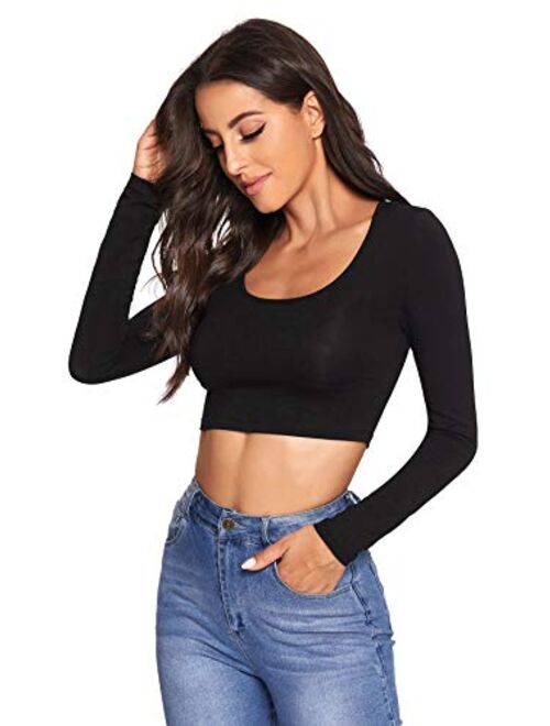 Verdusa Women's Scoop Neck Long Sleeve Crop Tee Top