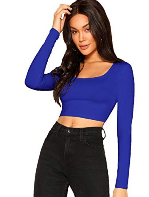 Verdusa Women's Scoop Neck Long Sleeve Crop Tee Top