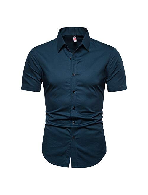 Manwan walk Men's Dress Shirts Slim Fit Short Sleeve Casual Business Cotton Button Down Shirts