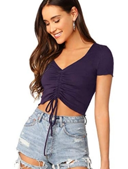 Women's Ruched Drawstring Front V Neck Crop Tee Top