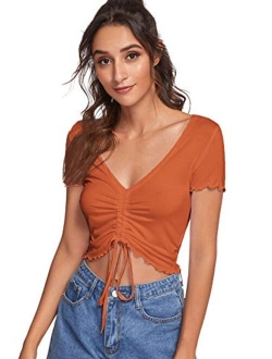 Women's Ruched Drawstring Front V Neck Crop Tee Top