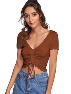 Women's Ruched Drawstring Front V Neck Crop Tee Top