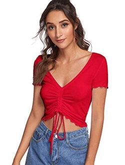 Women's Ruched Drawstring Front V Neck Crop Tee Top