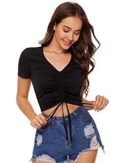 Women's Ruched Drawstring Front V Neck Crop Tee Top