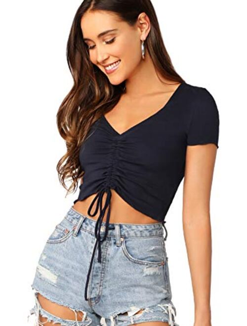 Verdusa Women's Ruched Drawstring Front V Neck Crop Tee Top