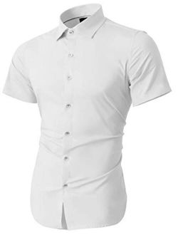 White Short Sleeve Dress Shirts Slim Fit Button Down Solid Stretch Premium #SHAS