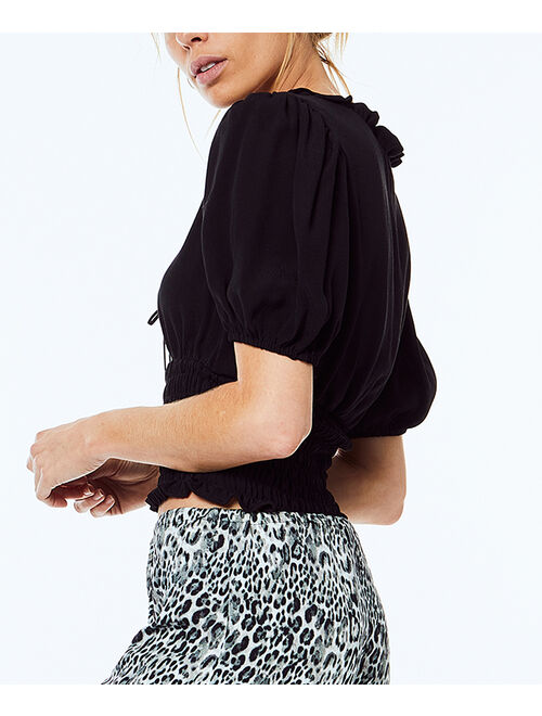 MONTE The Label | Polished Black Shirred Kimberly Puff-Sleeve Crop Top - Women