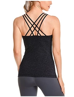 Women's Strappy Back Yoga Tank Tops Built in Shelf Bra Sports Camisole Long Workout Shirts Activewear