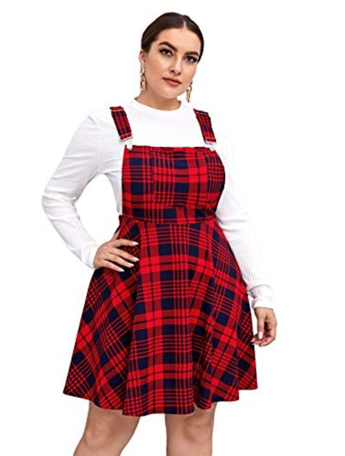 Romwe Women's Plus Size Pocket Front Adjustable Straps Corduroy Pinafore Short Dress